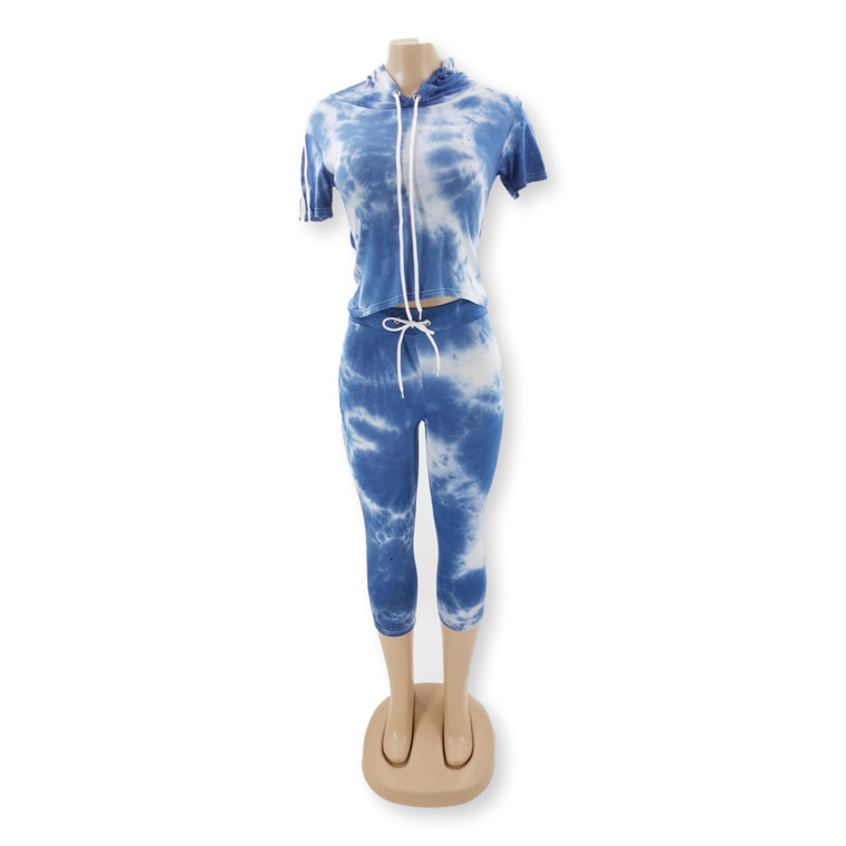 Two Piece Set With Blue/White Printed Hoodie Tee and Leggings 99-987B