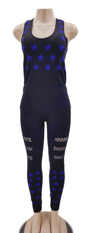 Two Piece Set With Royal Blue Stars Sleeveless Top and Leggings with Net