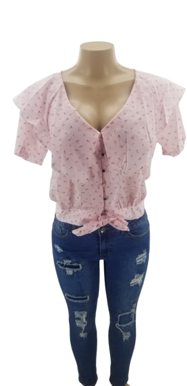 Tie-Front Button Down Ruffled Sleeves Patterned Blouse RDTD21603/6