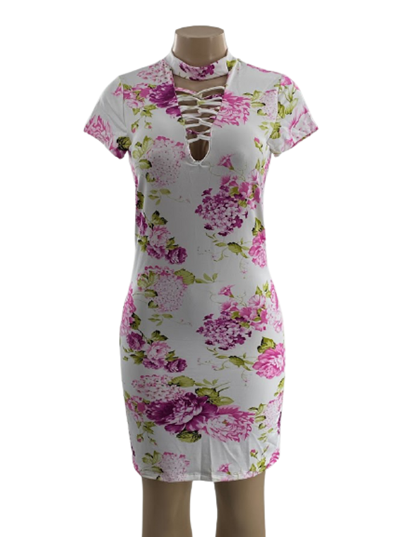 Criss-Cross Neckline Floral Dress with Choker