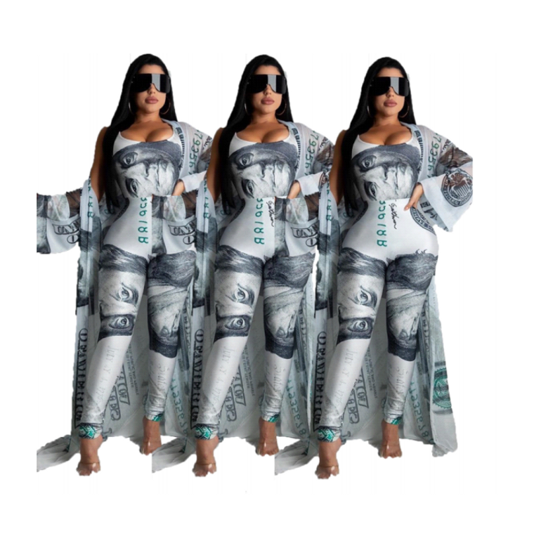 Money Printed Unitard Jumpsuit with Ankle-Length Cardigan