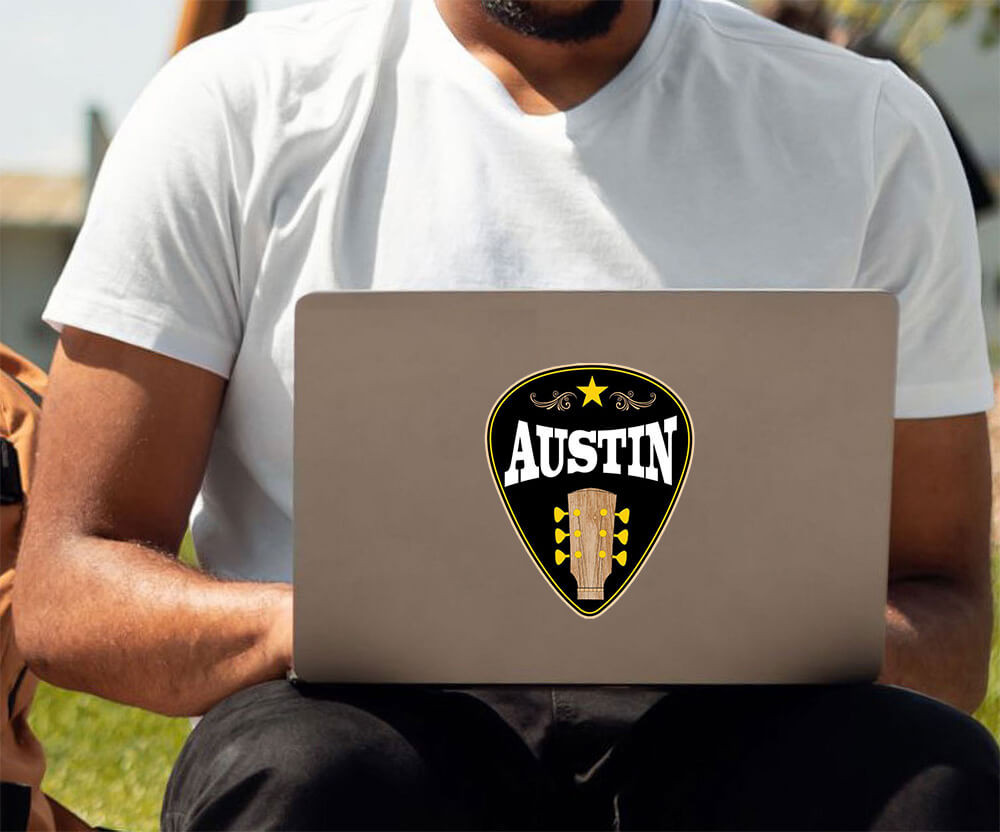 Austin TX Guitar Pick Postcard Sized Vinyl Sticker 5.25" x 4.25