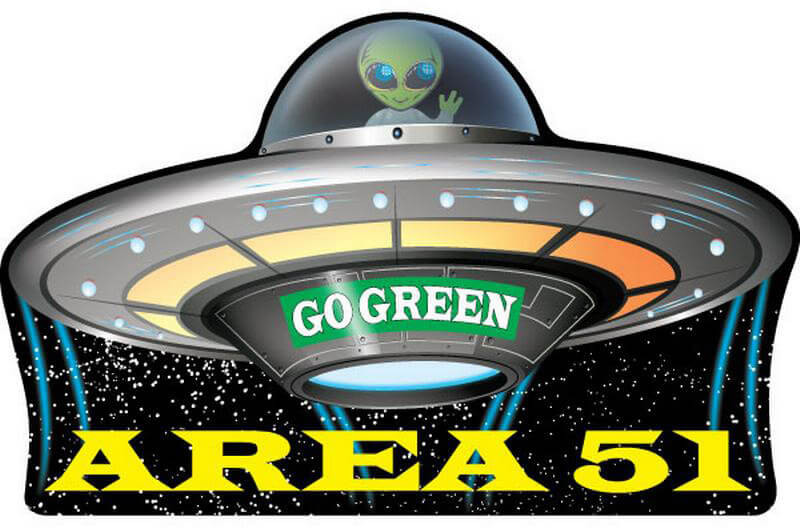 Area 51 Go Green Flying Saucer UFO - Postcard Sized Vinyl Sticker