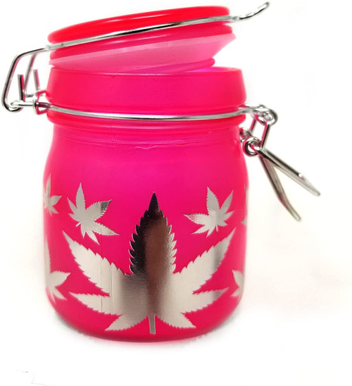 Airtight Glass Stash Jar 5 oz - Neon Pink with Silver Leaves