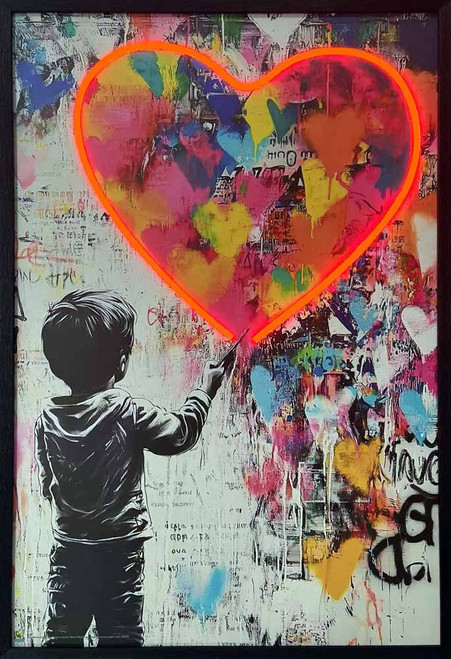 Love Boy Banksy Style Framed LED Neon Light Canvas Print - 24" x 36" Love Boy Banksy Style Framed LED Neon Light Canvas Print - 24" x 36"