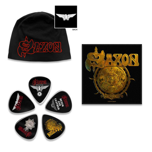 Saxon Officially Licensed Gift Set - 1 Jersey Beanie, 1 Standard Woven Patch, 1 Set of Five Guitar Picks