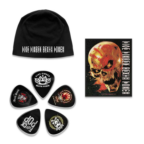 Five Finger Death Punch Officially Licensed Gift Set - 1 Jersey Beanie, 1 Standard Woven Patch, 1 Set of Five Guitar Picks