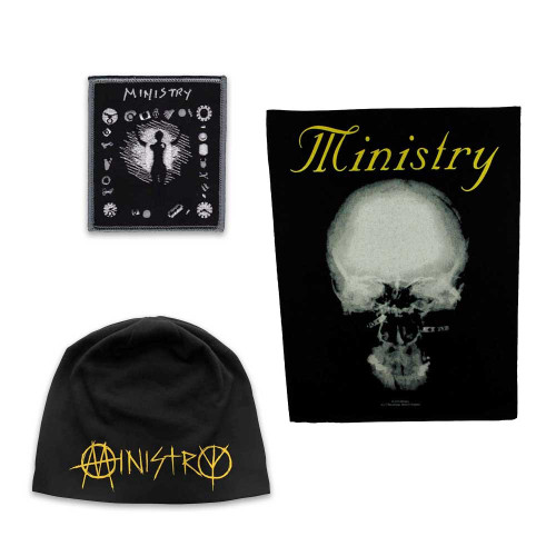 Ministry Officially Licensed Band Merch Gift Set - 1 Jersey Beanie, 1 Back Patch, 1 Embroidered Patch