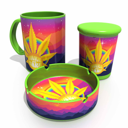 Wake-and-Bake Buzz Mug Trifecta 3pc Set - 16oz Coffee Mug, 6oz Stash Jar, & Ashtray