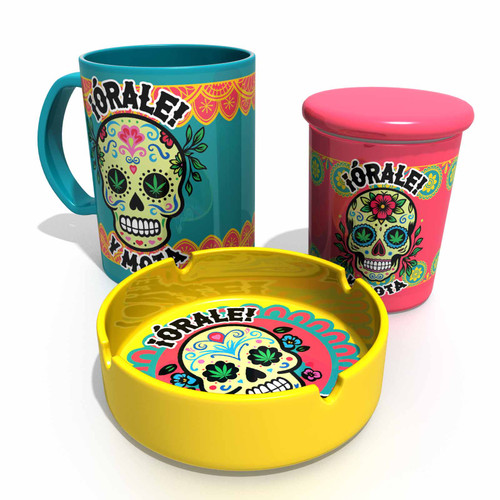 Orale-y-Mota Day of the Dead Buzz Mug Trifecta 3pc Set - 16oz Coffee Mug, 6oz Stash Jar, & Ashtray
