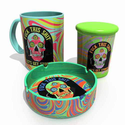 "F" this Shit, Let's Get Stoned Buzz Mug Trifecta 3pc Set - 16oz Coffee Mug, 6oz Stash Jar, & Ashtray