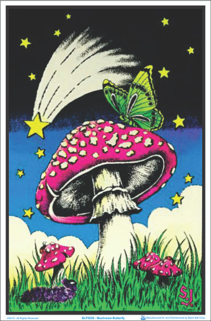 Mushroom Butterfly Flocked Blacklight Poster Image
