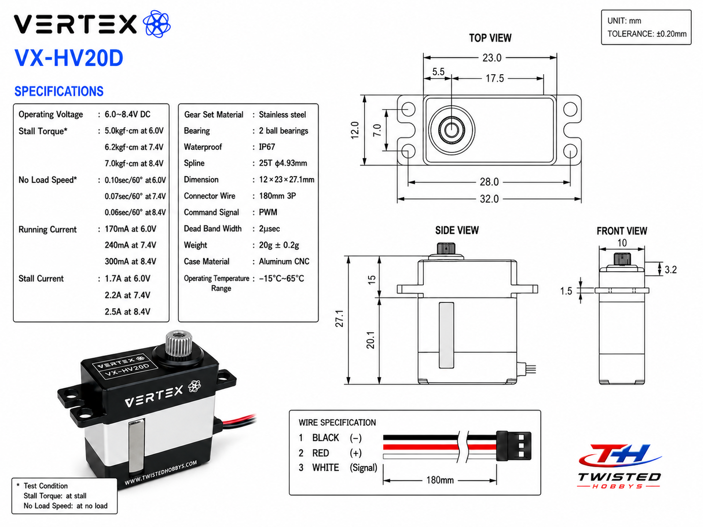 Vertex VX-HV20D high-voltage aluminum case servo specifications and dimensions
