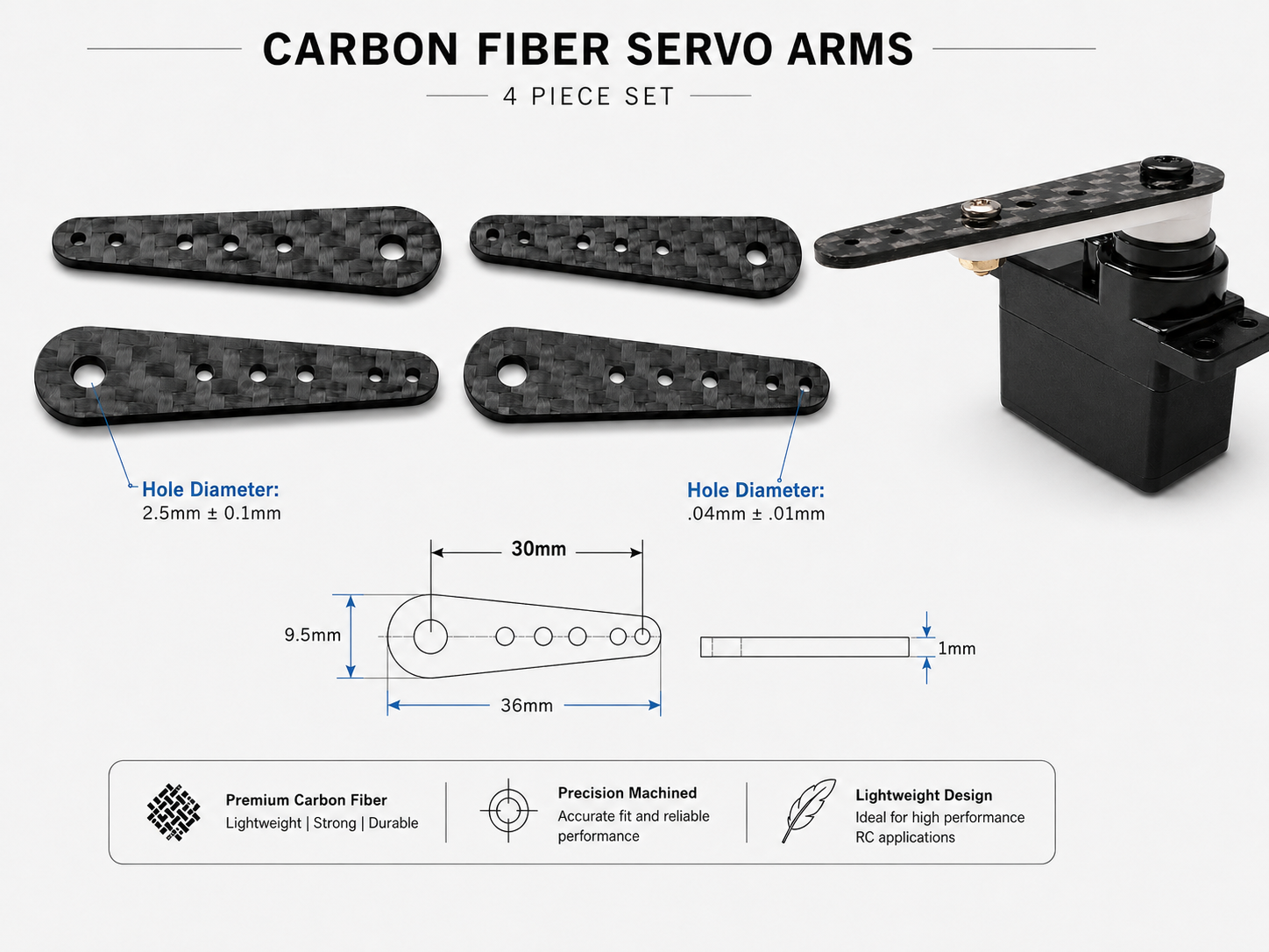 Carbon Fiber Servo Extension Arm Kit dimensions and specifications