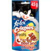 FELIX® Crispies are irresistible cat treats that your cat will love. Deliciously air-whipped for a light and crispy texture,these tasty treats are the perfect way to surprise your feline friends.

FELIX® Crispies cat treats have been created with your cat in mind and provide protein, vitamins and omega 6 fatty acids to your cat to contribute to her overall health and wellbeing. With a crunchy, crispy crackle in every bite, your cat will love the tasty textures and mouth-watering flavours.

Handy 45g pouches so treat time is even more convenient and our tasty treats stay fresher for longer. Give the pouch a shake and watch as your cat comes running to the sound of our delicious cat treats and share even more mischievous moments together.