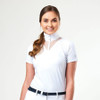 A slim fit show shirt made from a breathable and comfortable polyamide fabric with stylish lace bib and back panel, featuring rhinestone studded snaps on the placket. Stand up collar with stock tie loop.