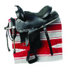 This western saddle has a suede seat with stitching detail and cinch. The leather western bridle has a silver plate design. Set is complete with leather western saddle, leather western bridle, cinch and western saddle pad.
Approximate seat sizes (measured in a straight line in the centre of the seat from the edge of the horn to back of seat.)