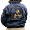 Trendy blouson style jacket, water resistant yet breathable. Durable outer material with fleece lined inner. Features include zip up slant pockets, pocket on arm, inside pocket, elasticated cuffs, and lining zip to allow embroidery on back panel. With the Mackey logo on back and smaller logo on front breast.