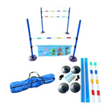 This set of jumps for hobby horses includes 4 x plastic jump wings, 8 x push on and slide up and down cups, 4 x multi-coloured poles and a material filler which slots over a pole. All within its own carry bag.
