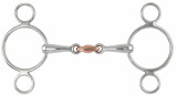 This bit allows the rein to be placed on either the main ring or smaller lower ring for more leverage whilst the copper lozenge encourages the horse to salivate. The 5" and smaller sizes of this bit have smaller rings to ensure the bit remains in proportion. Mouthpiece thickness: 16mm. Cheek height: 120mm (4.5", 5"), 145mm (5.5", 6"). Stainless steel is the most common material for bits. Durable, easy to clean, tasteless and does not rust. Copper is used in the mouthpiece, creating warmth and encouraging salivation to keep the mouth soft.