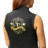 Perfectly produced from quick-dry, sport-tech fabric with excellent four-way stretch and advanced breathability properties, this buttery-soft, sleeveless top offers a sculpted fit and flattering silhouette. Providing UV block protection (50+) and increased ventilation from a strategically placed airflow system down the sides, it aids body temperature regulation, making it the perfect choice for the active equestrian. Elegantly finished with exquisite gold detailing.