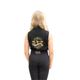 Perfectly produced from quick-dry, sport-tech fabric with excellent four-way stretch and advanced breathability properties, this buttery-soft, sleeveless top offers a sculpted fit and flattering silhouette. Providing UV block protection (50+) and increased ventilation from a strategically placed airflow system down the sides, it aids body temperature regulation, making it the perfect choice for the active equestrian. Elegantly finished with exquisite gold detailing. Team with the Supreme riding tights for a timeless look.