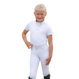 This striking white children’s show shirt will complete any show outfit. With the beautiful diamond shape made from diamantes on the neck you will be sure to turn heads! Featuring the Hy Equestrian logo on the centre of the sleeve and shiny thread detailing.