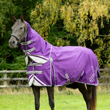 The elite DefenceX Shield turnout rug is a high specification rug that has been expertly crafted from a ballistic 1200 denier waterproof and ripstop material to offer ultimate protection. This 0g rug is perfect for when a lighter layer is needed to protect your horse from the inclement weather. Featuring a snug fit detachable neck with double locking touch tape fastenings for an easy yet secure attachment, that includes an elasticated poll to reduce wind chill and provide a cosy fit. An innovative specially shaped tail flap offers ultimate coverage from rain and wind, detailed with reflective detailing, as well as on the body of the rug and neck to optimise visibility in low light conditions. The mid-rise, generous shoulder gusset allows for a full freedom of movement and padded wither has been expertly designed to guarantee comfort by aiding with alleviating pressure off the wither. The deep cut design is securely fastened with adjustable cross surcingle’s with elasticated inserts and twin buckle clip chest fastenings for stability and to offer the perfect fit. Finished with the choice of wipe clean fillet string and adjustable leg straps, so the rug can be tailored to suit each individual horse.