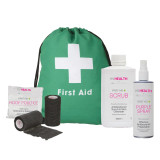 The perfect starter first aid kit containing the following essential items in a handy drawstring green first aid bag: Poultice (pack of 3 - hoof shaped), x2 Sportwrap, Purple Spray (250ml), Scrub (500ml).