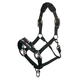 Designed for perfect control in hand. Ideal for lively horses and ponies, stallions & young stock.The Pro-Safe has a robust strong twin nylon solid metal chain & fittings.
Triple ring design creates 3 options for varied level of control & severity whilst PVC rubber foam padded nose and poll allow for shock absorbing comfort at the same time.
These headcollars are designed for in-hand use only. Not suitable for tying up.
Adjustable in size at headpiece & throat lash for optimum fitting.