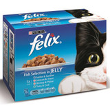 The ultimate selection of cat food for fish-loving felines! Felix Adult Cat Fish Selection in Jelly provides your adult cat with a fish feast they can enjoy whilst receiving 100% of their daily needs through the high quality nutrition we include. Vets and nutritionists have specially formulated each recipe to include an assortment of vitamins and minerals that take care of your cat during his adult years. Felix recipes include saithe with sardine, salmon with trout, shrimp with plaice and tuna with cod so your cat can try an assortment of flavours and benefit from a varied diet every day. Vitamins D & E help to keep your cat supported and maintain a great body condition. Omega 6 and antioxidants keep your cat healthy.