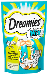 Cats go mad for the irresistible taste of Dreamies cat treats, so DreamiesMix combines two great flavours in one bag.

Deliciously crunchy on the outside, soft on the inside, Dreamies have jam-packed lots of the yummy things cats' love into these tasty treats - so go on, give the bag a shake and watch your cat come running!

- Dual textured cat treats irresistible to cats

- Deliciously crunchy on the outside, soft on the inside

- Only 2 kcal in every cat treat

- Dreamies are available in 5 deliciously tasty combinations: with chicken and duck; with salmon and cheese; with cheese and beef; with salmon and tuna; with chicken and cheese

- Cat biscuits with vitamins and minerals and no artificial flavours

Cats go mad for the irresistible taste of Dreamies so they've decided to go a little crazy too - introducing Mix, two great flavours in one bag.

Dreamies are the irresistible treats your cat will love, sparking spontaneous fun, playful moments between you and your cat every day.

Life with a cat should be fun-filled, we love our cats individual personalities and their independence, and treating your cat with Dreamies is a great way to bring out the fun-loving side of your cat.

The irresistible combination of taste and texture means your cats will do anything for the great taste of Dreamies treats!