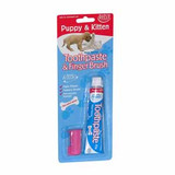 This Dentifresh Toothpaste Kit is perfect at keeping your Puppy or Kittens teeth clean.

The effective toothpaste kit contains meat flavoured toothpaste with added calcium and a soft rubber finger toothbrush.

Using the kit on your pup or kitten is safe for prolonged use and helps fight their plaque whilst it also freshens their breath.

The best way to achieve hassle free pet tooth cleaning is to get your puppy or kitten gradually accustomed to having their mouth, teeth and gums carefully handled as soon as possible, do this by gently massaging the mouth area from an early age, in a comfortable environment for you both.

Once this process has been accepted by your pet, introduce a small amount of our toothpaste on your finger and let your pet lick it off.

Thereafter try massaging this into the teeth with your finger and then use the Finger Toothbrush - on a daily basis.