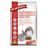 Mr Johnson's Advance junior & dwarf RABBIT FOOD is a fibrous, nutritious, wholesome tasty mono-component nugget - supplying your junior or dwarf rabbit with a tasty, healthy food that overcomes selective feeding.

Feeding the correct diet to your rabbit is essential for maintaining good health. Rabbits require high fibre levels in their diet to assist normal digestive function and aid essential dental wear.

Contains essential fibre to aid intestinal transit and dental wear Bio-Mos - a natural pre-biotic for a healthy gut flora De-odorase with yucca extract which improves hutch odours by reducing urinal ammonia Verm-X - 100% herbal blend to promote intestinal health No added colourings, flavourings or preservatives Glucosamine for joint mobility Mono-component nugget prevents selective feeding

Mr Johnson’s Advance junior & dwarf RABBIT FOOD is a complementary feed and should be fed with unlimited access to good quality hay which is an important source of fibre and an essential part of your rabbit’s diet.

A rabbits diet should be made up of 85 - 90% of fresh clean good quality hay an essential fibre source and one that mimics their natural diet in the wild. Hay plays a vital part in dental wear and a rabbit's digestive function. Feed this with a carefully measured portion of Mr Johnson's Advance junior & dwarf rabbit food as reccomended on the packaging dependant on the weight of your rabbit for a balanced diet. A daily portion of suitable fresh greens should also be fed, with fresh clean water being available 24 hours a day.