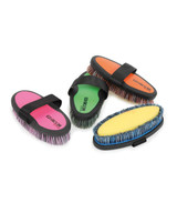 Soft hold grip back, web hand strap, soft bristles with raised sponge for washing down sweaty horses and removing stains.