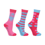 Ride and walk with a spring in your step in these fashionable socks. Coming in packs of three, these socks from the Thelwell collection have added bamboo which is known for its antibacterial properties. These breathable, moisture wicking socks will keep feet fresh and the padded sole ensures comfort all day long! Coming in three different designs – a spotty design with the Thelwell pink and blue stripes with Thelwell logo and a fun Thelwell character on a pink background!