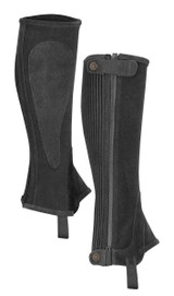Durable, supple suede half chaps with reinforced inner calves and shaping for a neat fit. Suede covered elastic full length inserts, full length zips, elastic foot stirrups, stretch zip tidy straps, bound edges.