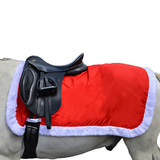 This festive red fleece exercise sheet with synthetic white fur trim is the perfect addition to any Christmas outing. Girth loops provide a secure fit to make this fully functional.