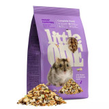 Feed for dwarf hamsters with a wide variety of small ingredients including meadow and garden grass seeds, dried zucchini, pea flakes and various puffed ingredients.