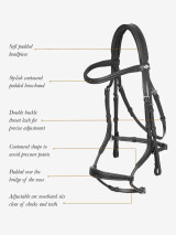 Luxurious oiled leather bridle expertly designed to offset pressure on the sensitive areas of your horse's face.

The soft padded headpiece is anatomically shaped for clearance behind the ears. The distinctive arc noseband sits clear of the horse's cheeks and teeth to avoid pressure on these sensitive areas, with padding over the bridge of the nose for comfort. Double buckles on the noseband and throat lash allow precise and even adjustment.

Framing the face, the padded browband has a stylish contoured shape.

LeMieux leather care advice is in the 'Info & Care' section and included with each bridle. We recommend the LeMieux Luggage Collection for travel and storage.