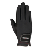 These smart gloves are made from a four-way stretch back for a flexible fit, with a synthetic suede palm and a reinforced forefinger and thumb for a sure grip on the reins. The touch tape cuffs feature a silicone HyCONIC logo and ensure a snug and secure fit. Finished with red detailed stitching for a smart look.