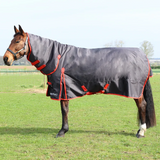 Part of the HyCONIC range, this 200 combi turnout rug is made from a waterproof 600 denier charcoal material to help keep your horse snug in the colder months. With integrated neck cover for extra protection and features red cross surcingle’s, twin buckle chest fastenings and fillet string to keep the rug securely in place. With generous tail flap for extra coverage and shoulder gusset for freedom of movement. Finished with printed HyCONIC logo.
