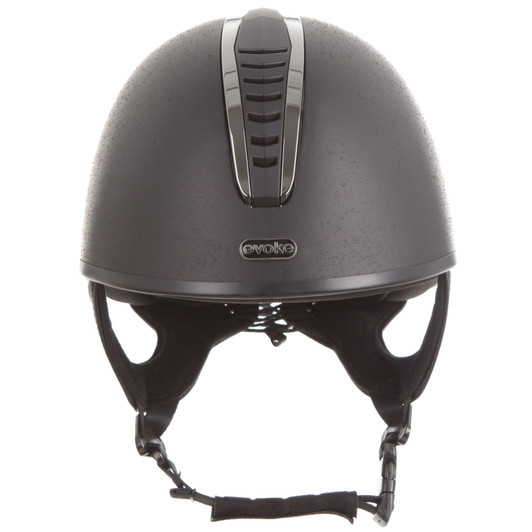 Introducing the stellar Orion Jockey Skull. Boasting a striking black & gunmetal vent and sanded black finish. A chrome ‘evoke’ branded logo at the forehead completes the look.
  
Conforms to PAS 015: 2011 Standard; EN 1384 2023; ASTM F1163-23
Kitemarked to PAS 015: 2011
CE & UKCA marked
Lightweight ABS jockey Skull
Fully ventilated with stylised contrast panels and reinforcement mesh
Soft touch four-point adjustable leatherette harness with rear lacing