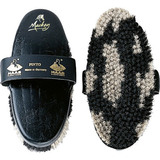 The Haas Pinto Brush is a high quality brush that has white and black horse hair. Black horse hair ensure thorough cleaning from underneath the coat. Pure grey horse hair is very soft but it actually locks into the coat and with that it gives superb cleaning. This unusual design gives it a special visual effect.