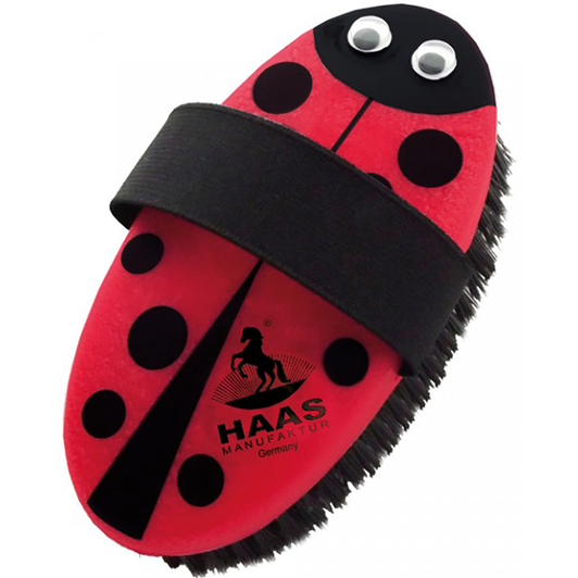 This Haas Lady Bug brush is a fun, but very well made brush for kids. The brush has a red back with black spots and eyes that move. The black synthetic bristles are one inch and they're medium/stiff. The elastic strap fits perfectly on every hand, making it easy to flick dirt and dust away.