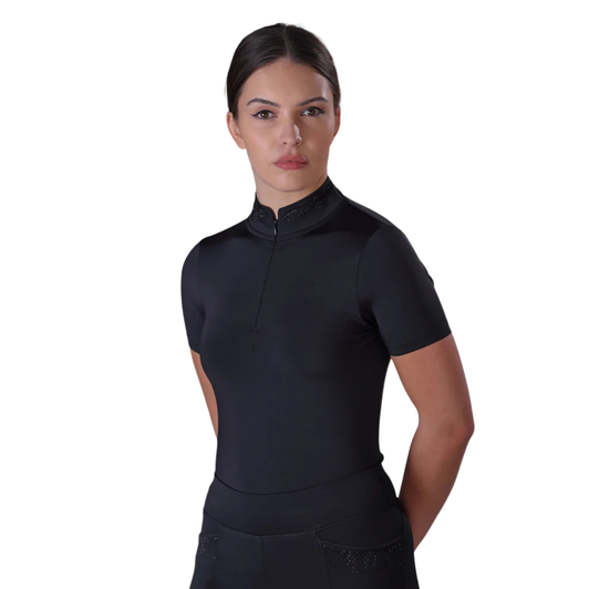 Aubrion Optima is created for elite competition performance using modern design technology, innovative fabrics, and championship ready styling. Optima show shirts offer the rider advanced mobility and technical support through all levels and disciplines (Black and Navy are not permitted in GB affiliated competitions). The cut allows a contour fit; the elegant high collar and short sleeves present a neat finish. Cool stretch fabric feels soft and comfortable; moisture management and quick dry technologies give fresh feel athletic efficiency. Contemporary GX features tonal diamante scattered at the neck to catch the light with movement. A refined self-colour Aubrion logo at the chest adds a subtle nod to elevated equestrian design.