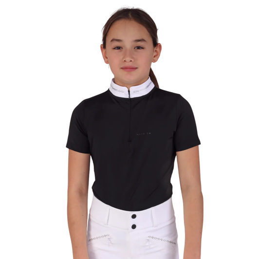 Aubrion Optima is created for elite competition performance using modern design technology, innovative fabrics, and championship ready styling. Optima young rider show shirts offer advanced mobility and technical support through all levels of competition and all disciplines. The cut allows a contour fit; the elegant high collar and short sleeves present a neat finish. Cool stretch fabric feels soft and comfortable; moisture management and quick dry technologies give fresh feel athletic efficiency. Sleek LX streamlines detail to draw attention to its standout feature: eye-catching iridescent diamante chains, interlinked and set along the neck for a sophisticated, radiant finish. A refined self-colour Aubrion logo at the chest adds a subtle nod to elevated equestrian design.