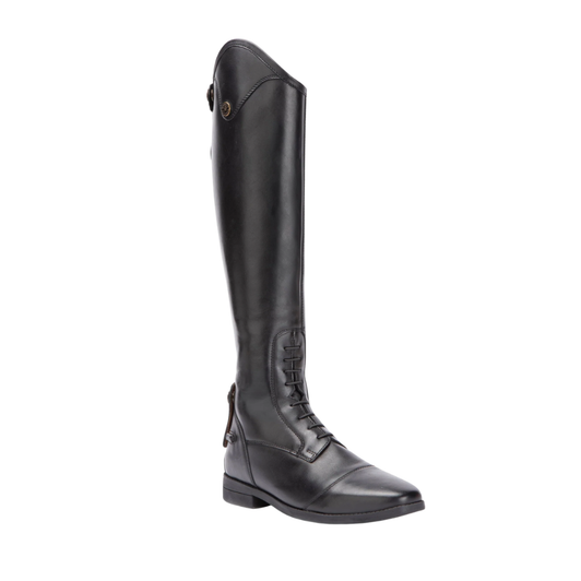 Lift your competition look with the sleek lines and elegant detail of Ortona long riding boots. The short height leg is specially shaped for a neat profile. Expertly constructed in smooth shape retaining leather, smartly polished to a high sheen finish making them ideal for the arena. The YKK® zip system offers a free running close fit with a contoured shape, zip guards give a tidy finish and protect against wear. A carefully engineered square toe and stretch mock laces offer classic style. Leather covered UltraFit panels sculpt the calf, dressage cut tops further enhance the shape for an elongated leg look. Key features: Milled cow leather. WickAway stay dry lining. Soft piqued leather inner trim. Stretch mock lace detail. Square toe. Dressage cut top. UltraFit leg panel. YKK® zip. Leather zip security tab. Leather zip guard. Leather covered spur rest. ActiveFlex insole. Moretta shock absorbing rubber outsole. Steel shanks.