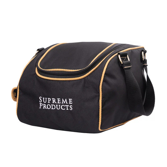 Protect your show hat keeping it clean and pristine in the Supreme Products Pro Groom Riding Hat Bag. Featuring air vents, grab handles and an external pocket, perfect for keeping your riding accessories safe. Beautifully finished with leather and gold detailing.