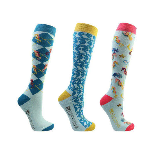 Add a splash of under the sea magic to your outfit with these eye catching socks. Coming in a pack of three with a different design on each sock, the added bamboo aids with moisture wicking and promotes antibacterial properties so feet stay fresh. With padded feet for ultimate comfort. The first sock features an argyle pattern with adorable seahorses. The second sock features a repeated underwater pattern of seahorses, crabs, shells and starfish. The final socks is a bold repeated seahorse pattern.